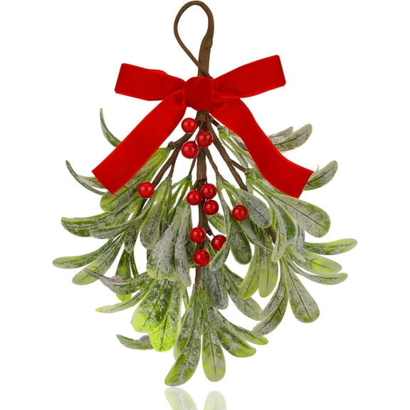 Guvpev 8.6" Mistletoe Christmas Decorations, Artificial Fake Hanging Mistletoe Picks Swag Wreath with Velvet Bow Berries, Like Real Christmas Kissing Ball Ornaments for Front Door Home Xmas Decor