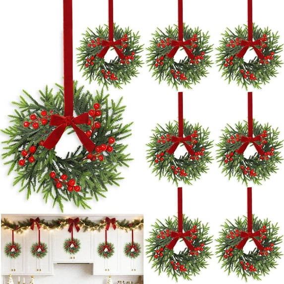 Guvpev 8 Pcs Mini Christmas Wreath for Cabinets Kitchen, 11 Inch Hanging Small Christmas Wreaths with Red Bows Cedar Branchs Red Berry Clusters for Kitchen Cabinet Fireplace Window Front Door Wall