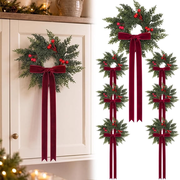 Guvpev 8Pcs Mini Christmas Cabinet Wreaths with Velvet Bows, 9" Artificial Cedar & Faux Berry Indoor Holiday Hanging Decor, Real Touch Christmas Cedar Garland for Kitchen, Wall, Windows & Front Door