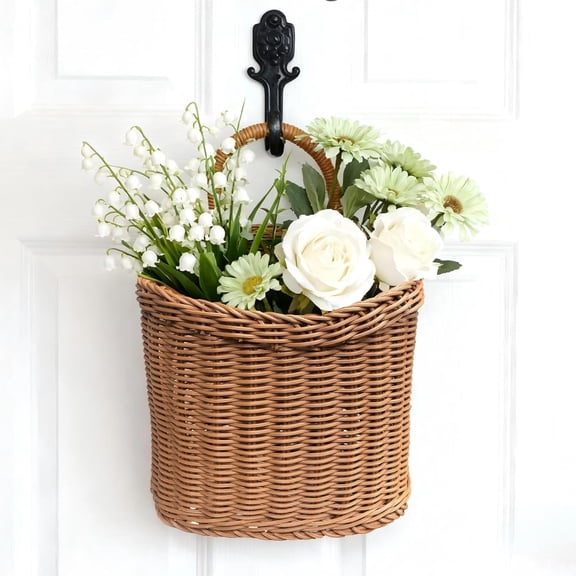Guvpev 9.8" Hanging Woven Wicker Basket, Handmade Rattan Wall Planter for Front Door, Decorative Seagrass Storage Pocket for Garden, Kitchen & Farmhouse Home Decor