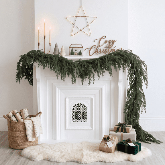 Guvpev 9FT Artificial Norfolk Pine Garland, Real Touch Soft Textured Christmas Garland with Upgraded Pine, Lush Faux Greenery for Fireplace Table Mantel Decorations, Indoor Outdoor Holiday Decor