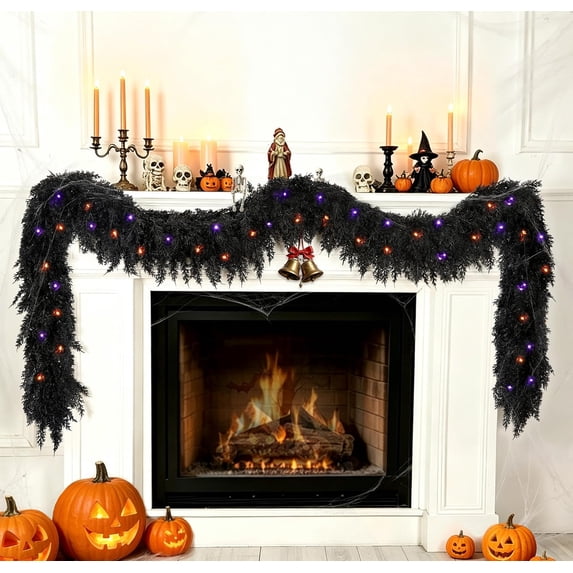 Guvpev 9FT Black Halloween Garland with 50 LED Lights & Timer, Realistic Artificial Cedar Pine Garland with 150 Branches, Spooky Indoor Outdoor Holiday Decor for Fireplace Mantel & Stairs