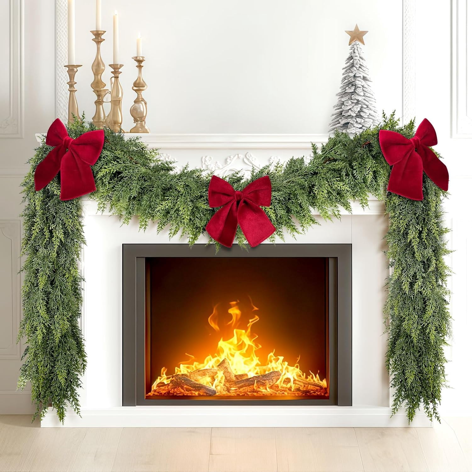 Guvpev 9FT Christmas Cedar Garland with 3 Red Bow, Realistic Soft Faux ...