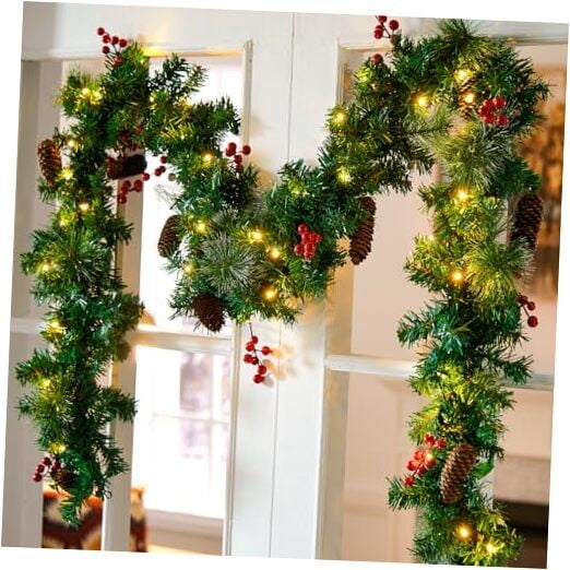Guvpev 9FT Christmas Garland with 50 Warm Led Lights, Lighted Christmas Cedar Garland Indoor/Outdoor Home Decor with Pine Cones, Berry, Christmas Decorations for Mantel, Windows, Stairs, Porch