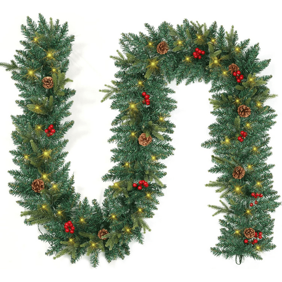 Guvpev 9FT Christmas Garland with Lights, Battery Operated Lighted Greenery Garland with Pine Cones Red Berries Lush Branches, 50 Warm White LED Lights, Christmas Decorations Indoor/Outdoor