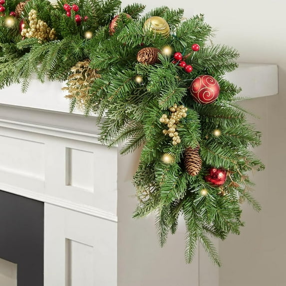 Guvpev 9FT Christmas Cedar Garland with 50 Lights, Battery Operated, Artificial Christmas Greenery Garland Indoor/Outdoor Holiday Decor with Pine Cones, Berry & Balls, Christmas Decorations