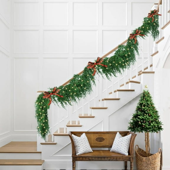 Guvpev 9FT Christmas Garland with LED Lights, Artificial Dragon Juniper Greenery Garland, Festive Seasonal Decor for Indoor/Outdoor, Handmade Xmas Tree Garland for TV Stand, Mantel, Stairs