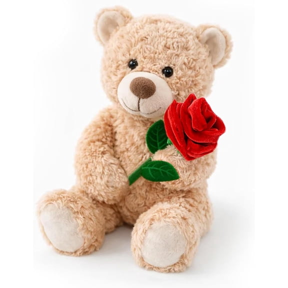 Guvpev Adorable Teddy Bear Plush with Rose, 9" Soft and Cuddly Stuffed Animal for Girlfriend, Wife, Friends, Anniversary & Graduation Gifts, Tan