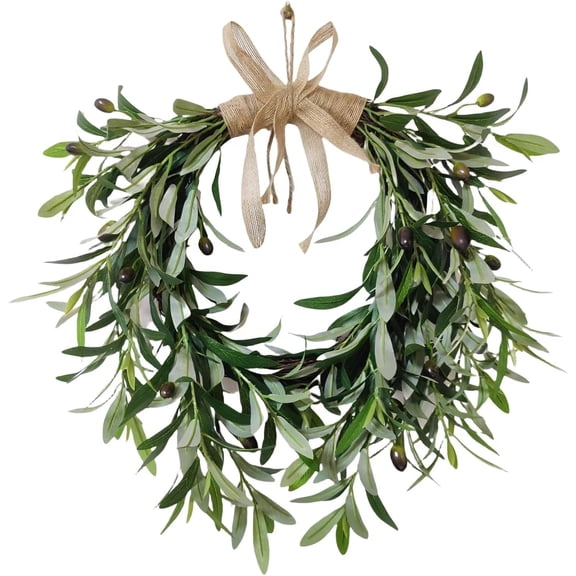 Guvpev Artificial Garland with Greenery Leaves – Faux Olive Wreath for Front Door, Farmhouse Wall Decor, Hanging Green Wreath for Window or Wedding Decoration