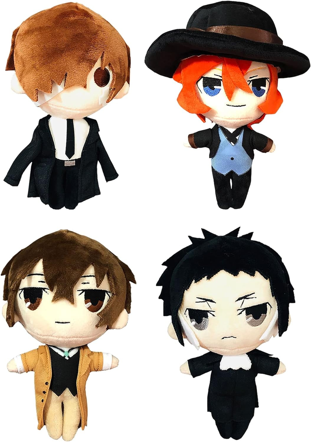 Guvpev Bungo Stray Dogs Plush Toys - 4Pcs Nakahara Chuuya Plush Dolls Dazai Osamu Stuffed Figure Ryunosuke Akutagawa Throw Pillows Home Decoration Birthday Halloween Gifts for Kids and Fans