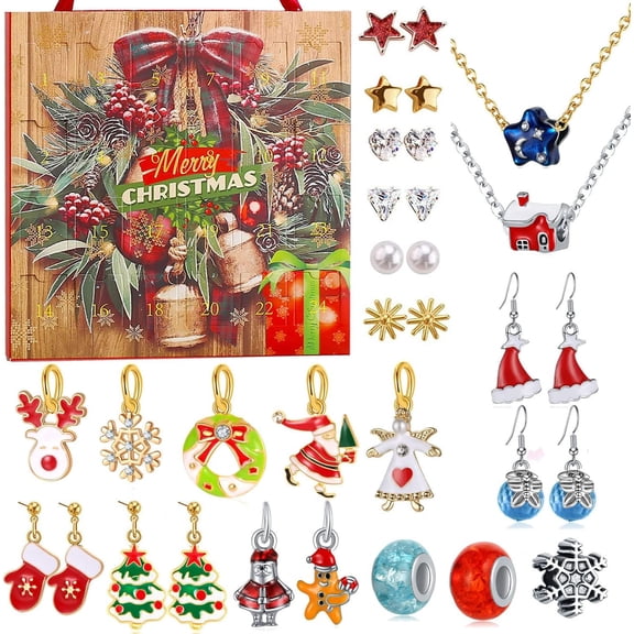 Guvpev Charm Bracelet Advent Calendar 2025 with Necklace, Ear Rings & Rings, 24Pcs DIY Jewelry Set Making Kit, Christmas Countdown Calendar, Christmas Ornament Gifts for Girls, Friends, Kids & Adults