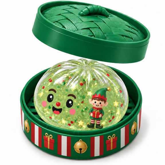 Guvpev Christmas Elf Edition Dumpling Squishy Toy, Mystery Bao Bun Blind Box with Steamer, Glitter Dumpling Stress Relief Sensory Fidget Toy, Holiday Stocking Stuffers for Kids & Adults