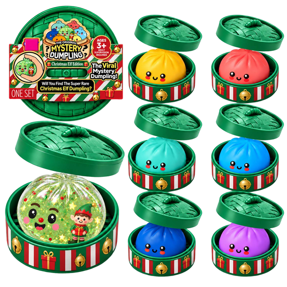 Guvpev Christmas Elf Edition Dumpling Squishy Toy, Mystery Bao Bun Blind Box with Steamer, Glitter Dumpling Stress Relief Sensory Fidget Toy, Holiday Stocking Stuffers for Kids & Adults