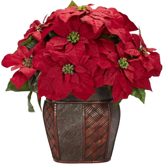 Guvpev Christmas Poinsettia 15 Inch Faux Plant, Real Touch Artificial Flower Arrangement for Tabletop, Mantle, Porch Steps, Entryway, Home & Office Holiday Decorations(2PCS)