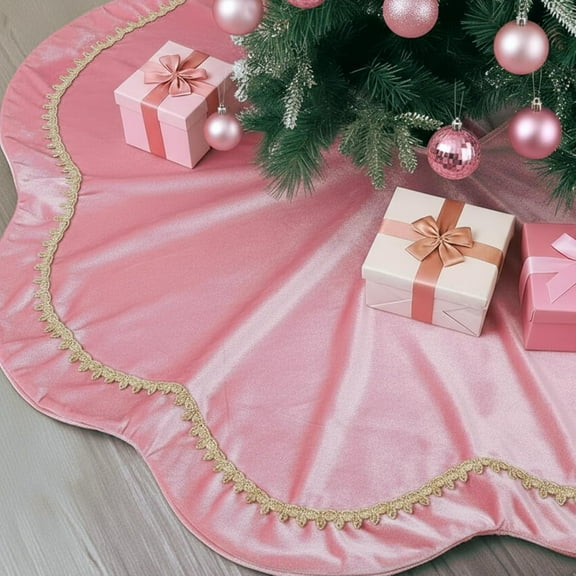 Guvpev Christmas Tree Skirt - 48 Inch Pink Velvet Fur Scallop Tree Skirt Sparking Gold Lace Trim for Party Rustic Xmas Holiday Decorations All Year
