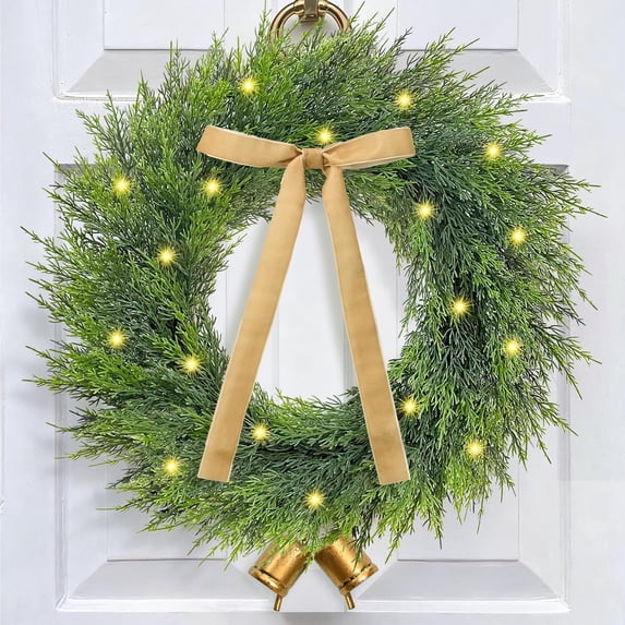 Guvpev Christmas Wreath, 22" Artificial Cedar Wreath with Bow Gold Cow Bell, Christmas Wreaths for Front Door, Christmas Door Cedar Wreath with Lights for Holidays Indoor Outdoor Xmas Decorations