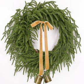Guvpev Christmas Wreath - 22 Inch Real Touch Norfolk Pine Wreath for Front Door, Christmas Wreath, Greenery Wreath with Ribbon Bell for Home Mantel Wall Window Indoor Outdoor Christmas Decorations
