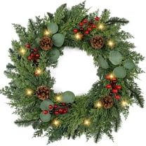 Guvpev Christmas Wreath with Lights - 24" Real Touch Pine Needles Wreath with Red Berry & Pinecone, Christmas Wreaths for Front Door, Winter Xmas Wreath, Indoor Outdoor Christmas Decorations