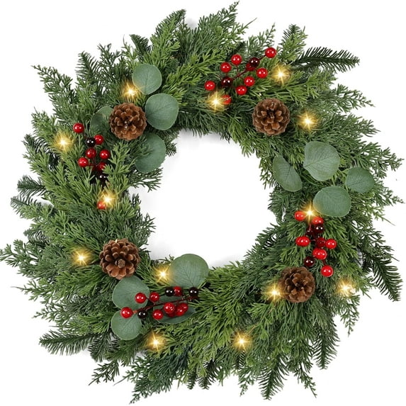 Guvpev Christmas Wreath with Lights - 24" Real Touch Pine Needles Wreath with Red Berry & Pinecone, Christmas Wreaths for Front Door, Winter Xmas Wreath, Indoor Outdoor Christmas Decorations