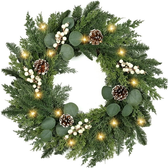 Guvpev Christmas Wreath with Lights - 24" Real Touch Pine Needles Wreath with White Berry & Pinecone, Christmas Wreaths for Front Door, Winter Xmas Wreath, Indoor Outdoor Christmas Decorations