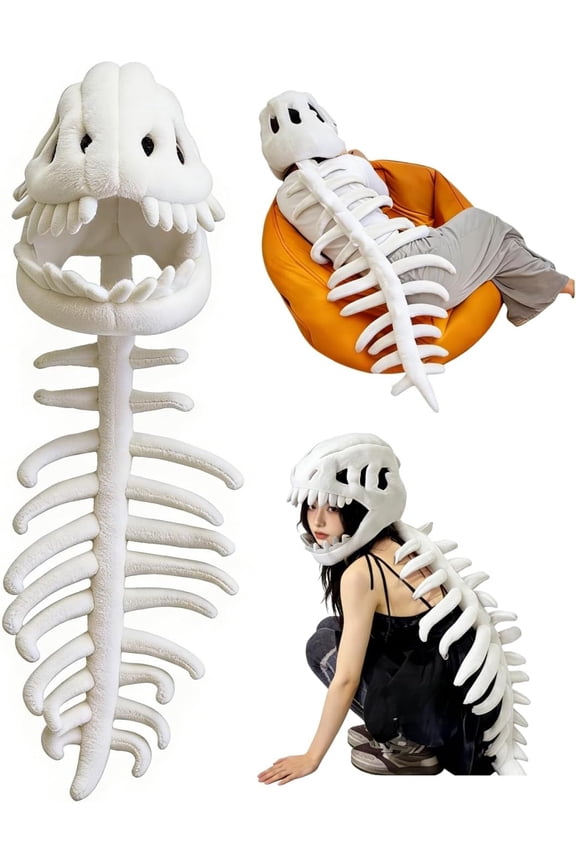 Dinosaur Skeleton Costume Set – Realistic Spinosaurus-Style Matching Family Dress-Up Outfit with 3D Plush Skull Headpiece & Spine for Halloween Cosplay Party & Birthday Gifts