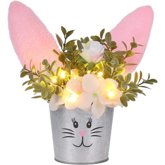 Guvpev Easter Table Decorations - Artificial Flower with Bunny Ear, Lighted Desk Decor, Tabletop Decorations for Home, Table, Mantel, Office, Spring Party Centerpieces, Easter Bunny Flower