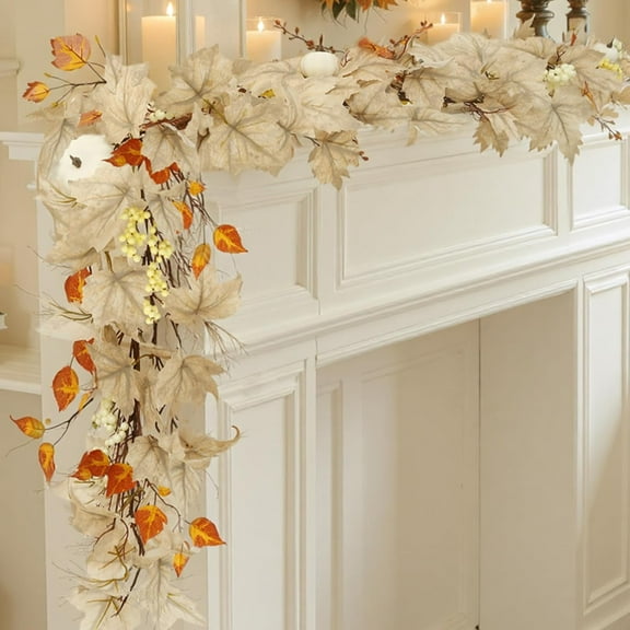 Guvpev Fall Decor, 6FT Fall Leaves Garland for Mantel, Autumn Leaf Garland with White Pumpkins, Indoor/Outdoor Fall Maple Farmhouse Harvest Decorations for Home, Porch, Fireplace, Table Window & Wall