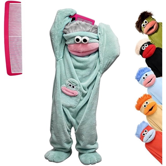 Guvpev Funny Big Mouth Monster Onesie with Large Comb Prop, Silly Puppet Mascot Costume, Plush Onesie Cosplay Pajamas, Oversized Cozy Hooded Sleepwear for Parent & Little One, No Shoes Included