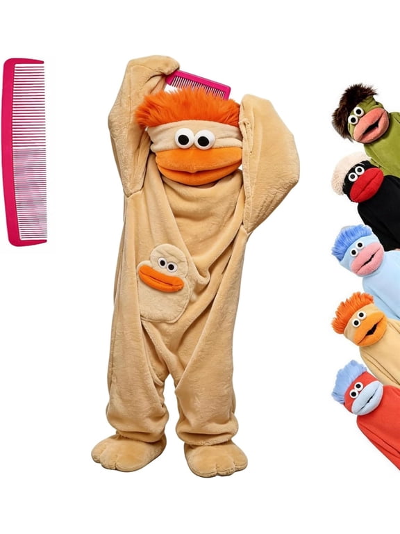 Funny Big Mouth Puppet Monster Onesie with Large Comb Prop, Silly Puppet Mascot Costume, Plush Onesie Cosplay Pajamas, Oversized Cozy Hooded Sleepwear for Parent & Little One