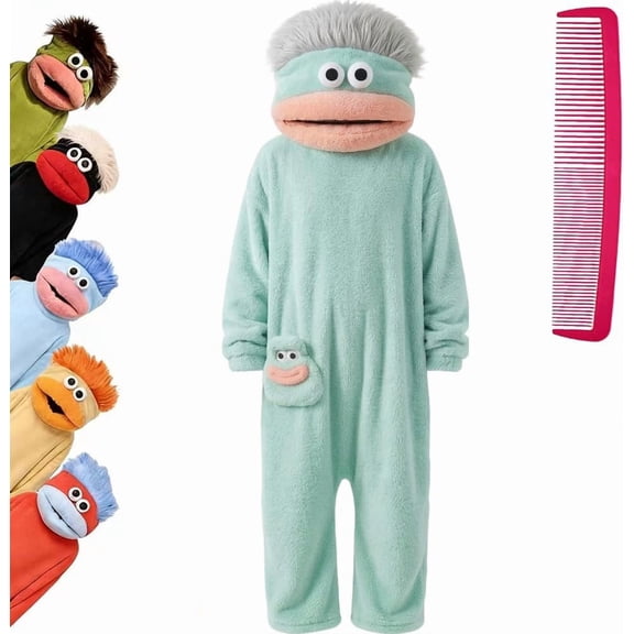 Guvpev Funny Big Mouth Monster Cosplay Onesie Pajamas with Large Comb Prop, Silly Puppet Mascot Cosplay Costume, Ultra Soft Coral Fleece One Piece Pajamas, Oversized Plush Hooded Sleepwear