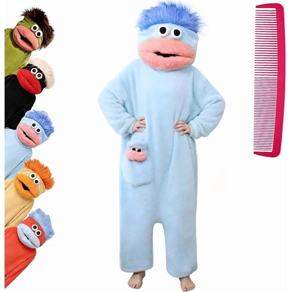 Guvpev Funny Big Mouth Puppet Monster Onesie with Comb Prop, Silly Puppet Dress up Costume, Ultra Soft Coral Fleece Cosplay Pajamas, Oversized Plush One Piece Hooded Sleepwear, Family Matching Outfit