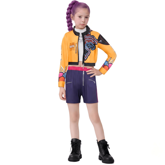 Guvpev G'irl's 3-Piece Pop Idol Group Cosplay Costume Set Orange Cropped Jacket Printed Top and Shorts Halloween Cosplay Dress Up Outfits