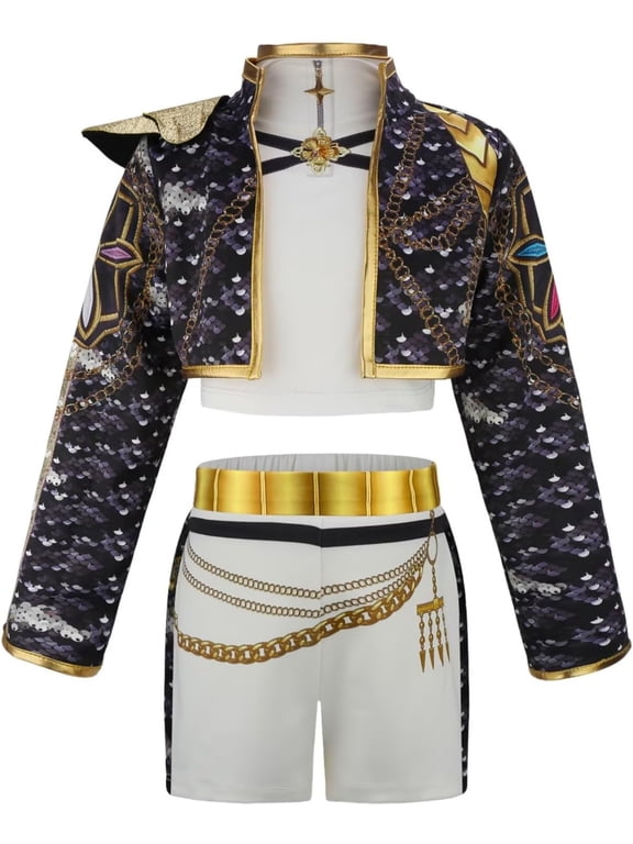 Girls 3-Piece Pop Idol Group Cosplay Costume Set, Popular Singers Stage Performance Outfits, Cropped Jacket Top and Shorts, Halloween Cosplay Dress Up