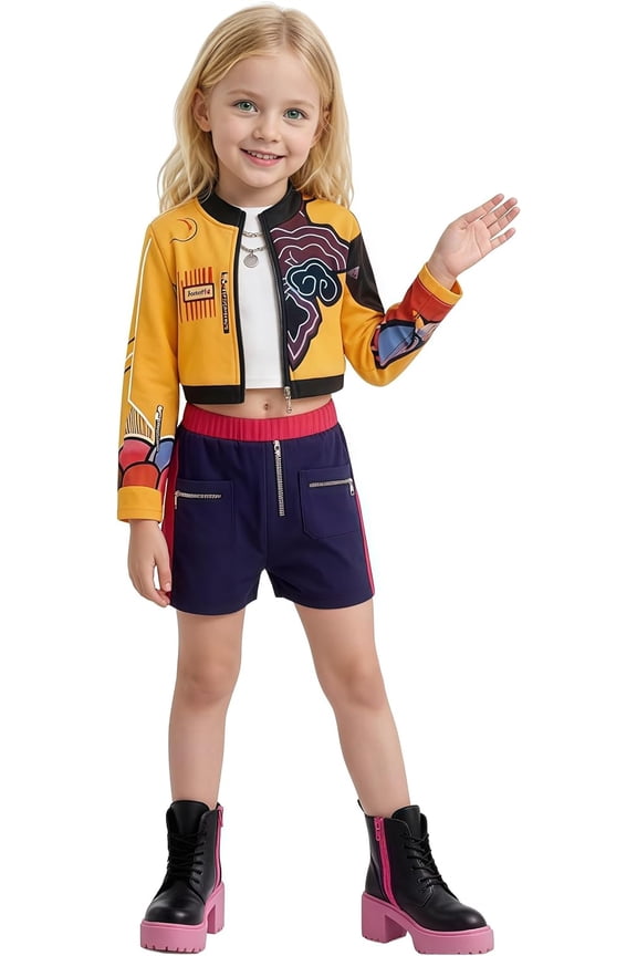 G'irl's Pop Star Stage Performance Outfit with Top and Pants, Popular Singer Idol Group Halloween Cosplay Costume