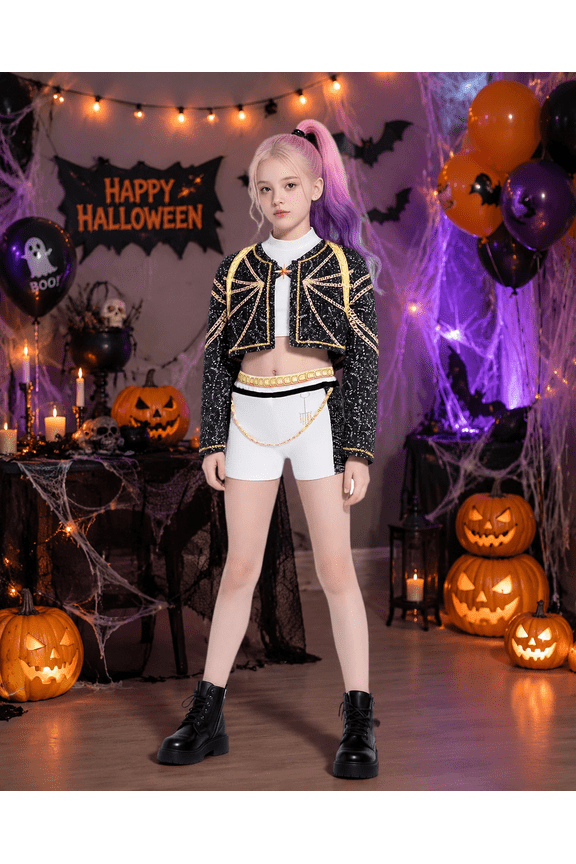 G'irl's Popular Singer Costume, Pop Star Stage Performance Outfits Cropped Jacket Top and Shorts 3-Piece Set, Halloween Cosplay Dress Up, 2-12Y
