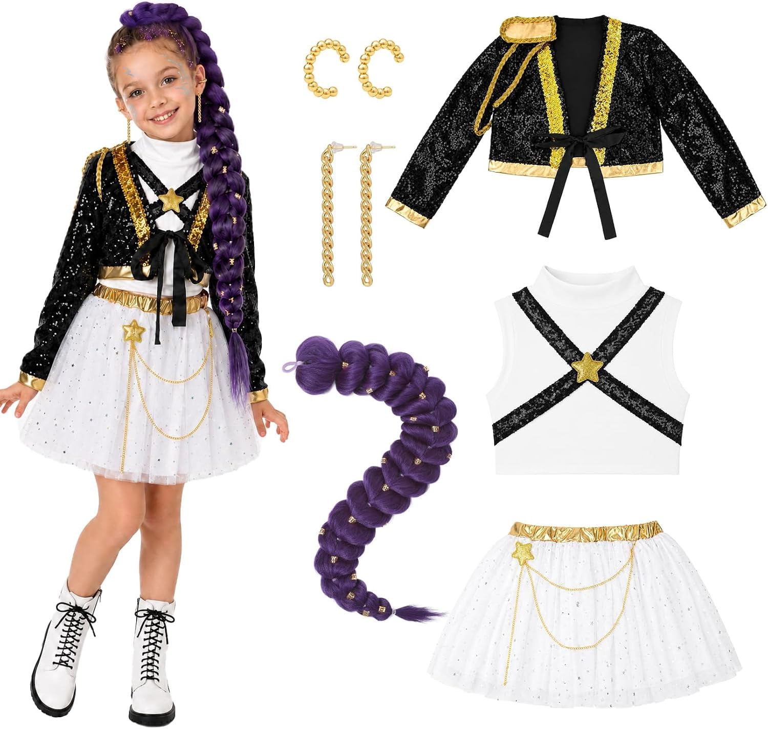 Guvpev G'irls Halloween Cosplay Costume, Pop Singer Stage Costumes, Sequin Jackets Skirts with Purple Braid for Birthday Party & Fancy Dress up, 3-12 Years