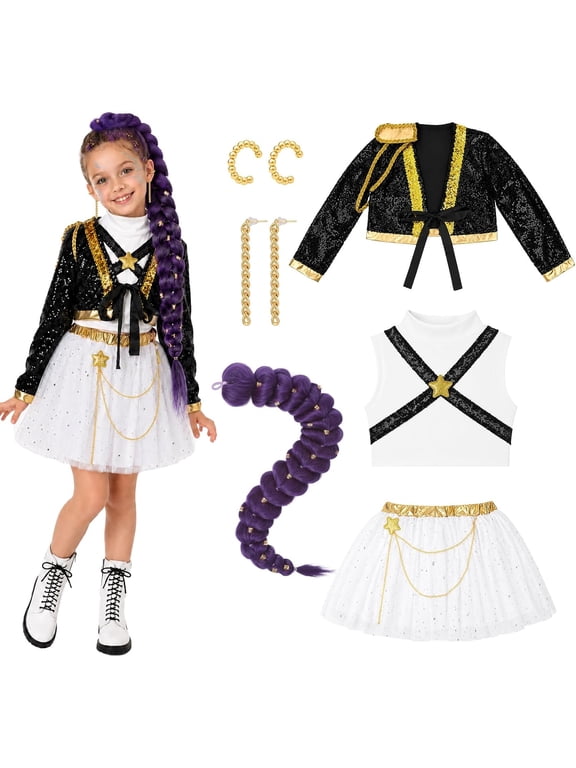Girls Halloween Cosplay Costume, Pop Singer Stage Costumes, Sequin Jackets Skirts with Purple Braid for Birthday Party & Fancy Dress up, 3-12 Years