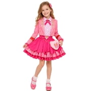 Guvpev Girls Halloween Princess Costume, Pink Princess Dress Full Set with Heart Print Jacket, Shirt, Layered Skirt & Fuzzy Bag, Halloween Cosplay Outfits for Birthday Party & Fancy Dress Up
