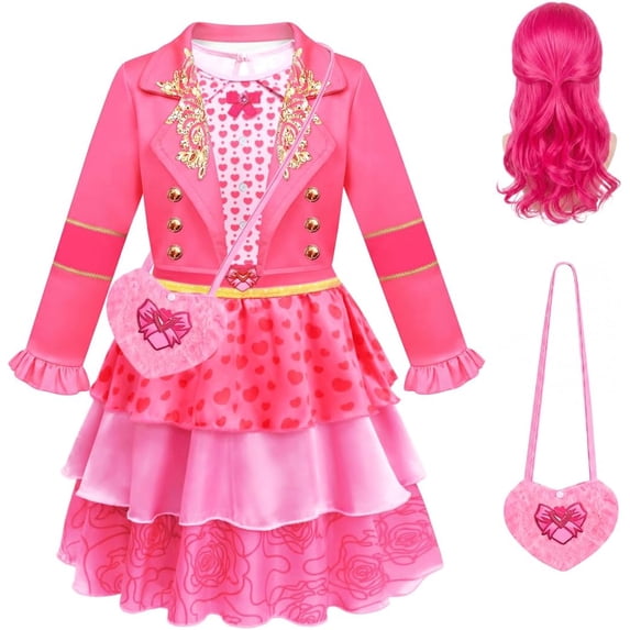 Guvpev G'irls Pink Princess Costume with Wig, Halloween Cosplay Dress Up Outfit with Jacket, Dress & Heart Bag, K'ids Cosplay Costume for Birthday Party Fancy Dress & Role Play