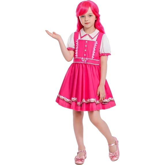 Guvpev G'irls Pink Princess Costume with Wig, 3D Print Cosplay Dress Up Outfit with Puff Sleeves for Halloween, Birthday Party & Carnival