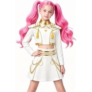 Guvpev Girls Pop Star Stage Costume, Kids Popular Singer Idol Cosplay Outfit with Jacket & Skirt, White & Gold Dress Up for Halloween Cosplay, Stage Performance & Birthday Party, 3-12Y
