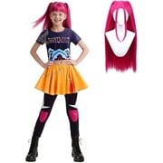 Guvpev Girls Popular Singer Cosplay Costume, 2-Piece Pop Idol Group Cosplay Outfit with Wig, Graphic T-shirt & Skirt for Halloween Cosplay Dress Up, Birthday Party & Stage Performance, Ages 3-14