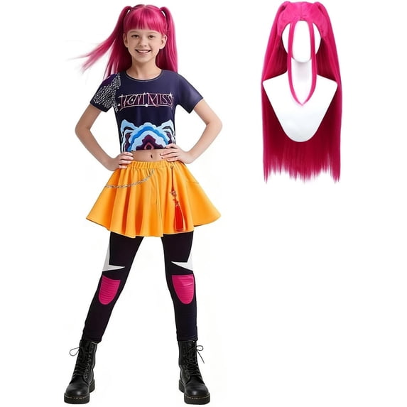 Guvpev G'irls Popular Singer Cosplay Costume, 2-Piece Pop Idol Group Cosplay Outfit with Wig, Graphic T-shirt & Skirt for Halloween Cosplay Dress Up, Birthday Party & Stage Performance, Ages 3-14