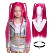 Guvpev Girls Popular Singer Hot Pink Pigtail Costume Wig, Pop Idol Group Cosplay Hair with Choker Necklace & Wig Cap, Kids Halloween Party Dress Up Accessories