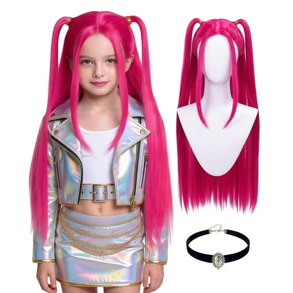 Guvpev Girls Popular Singer Hot Pink Pigtail Costume Wig, Pop Idol Group Cosplay Hair with Choker Necklace & Wig Cap, Kids Halloween Party Dress Up Accessories