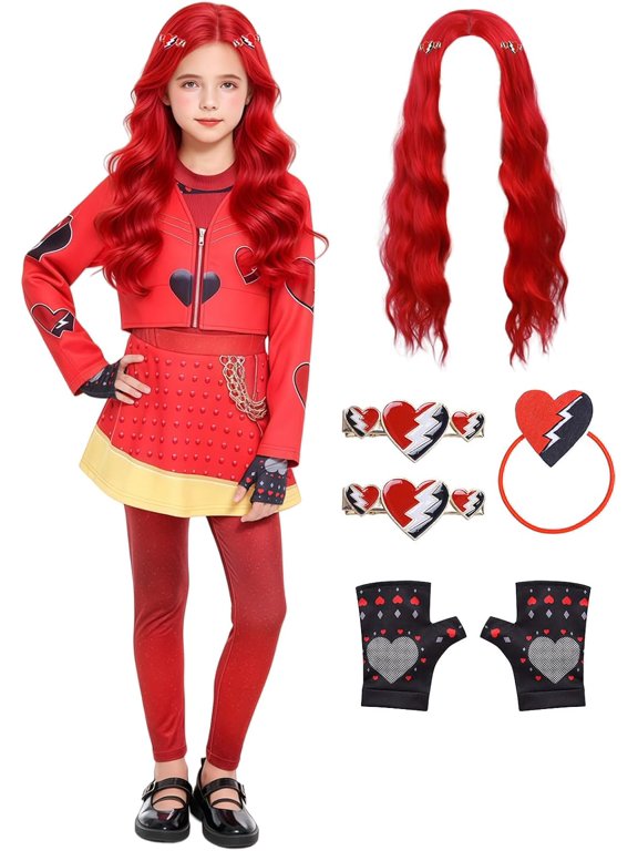 Girls Red Princess Costume, 8-Piece Halloween Cosplay Full Set Outfit with Cropped Jacket & Skirted Leggings, Wig & Dress Up Accessories, Ages 3-12Y