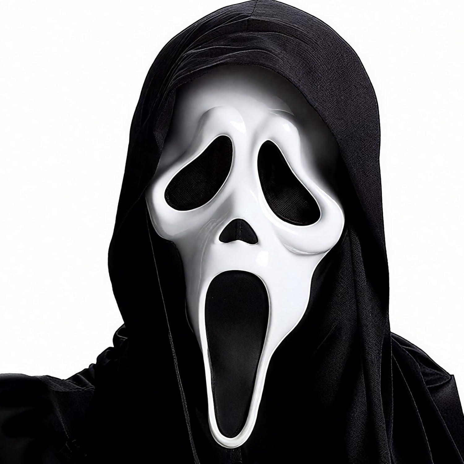 Guvpev Ghost Face Mask, Halloween Costume Mask with Black Stretch Hood, Full Head Horror Cosplay Costume Dress-Up Prop for Halloween Party Decoration