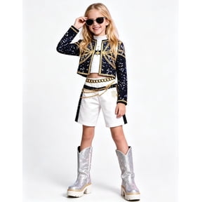 Guvpev G'irl's Halloween Costume, Popular Singers Stage Performance Outfit, Jacket & Shorts Set for 3-12 Years Birthday Party Fancy Dress up & Halloween Cosplay Events