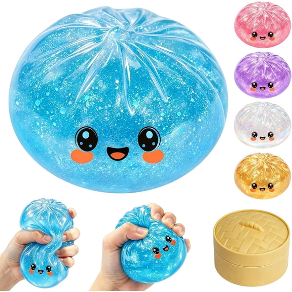 Guvpev Glitter Blue Dumpling Squishy Stress Balls for Stress Relief - Ultra Soft Stretchy Squeeze Toys with Steamer Box, Fidget Sensory Toys for Party Favors & Birthday Gifts