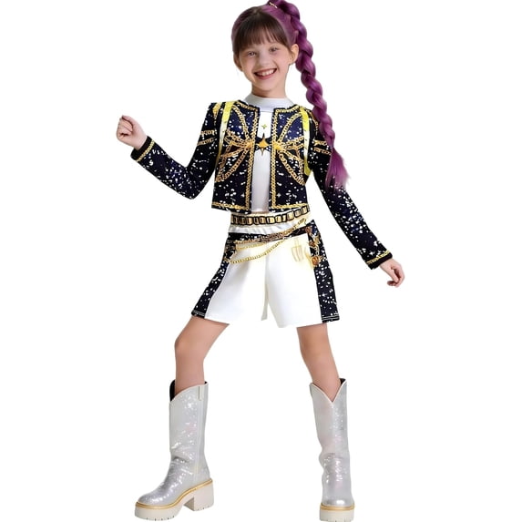 Guvpev Halloween Costume for Ki'ds, G'irl's Pop Idol Singer Stage Performance Outfit with Black Top T-Shirt Shorts Set, Popular Singer Group Fancy Dress for Halloween Cosplay & Dress Up Party